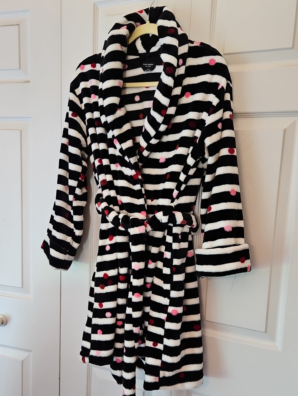 Kate Spade Black & White Striped Plush Robe with Pink & Red Dots